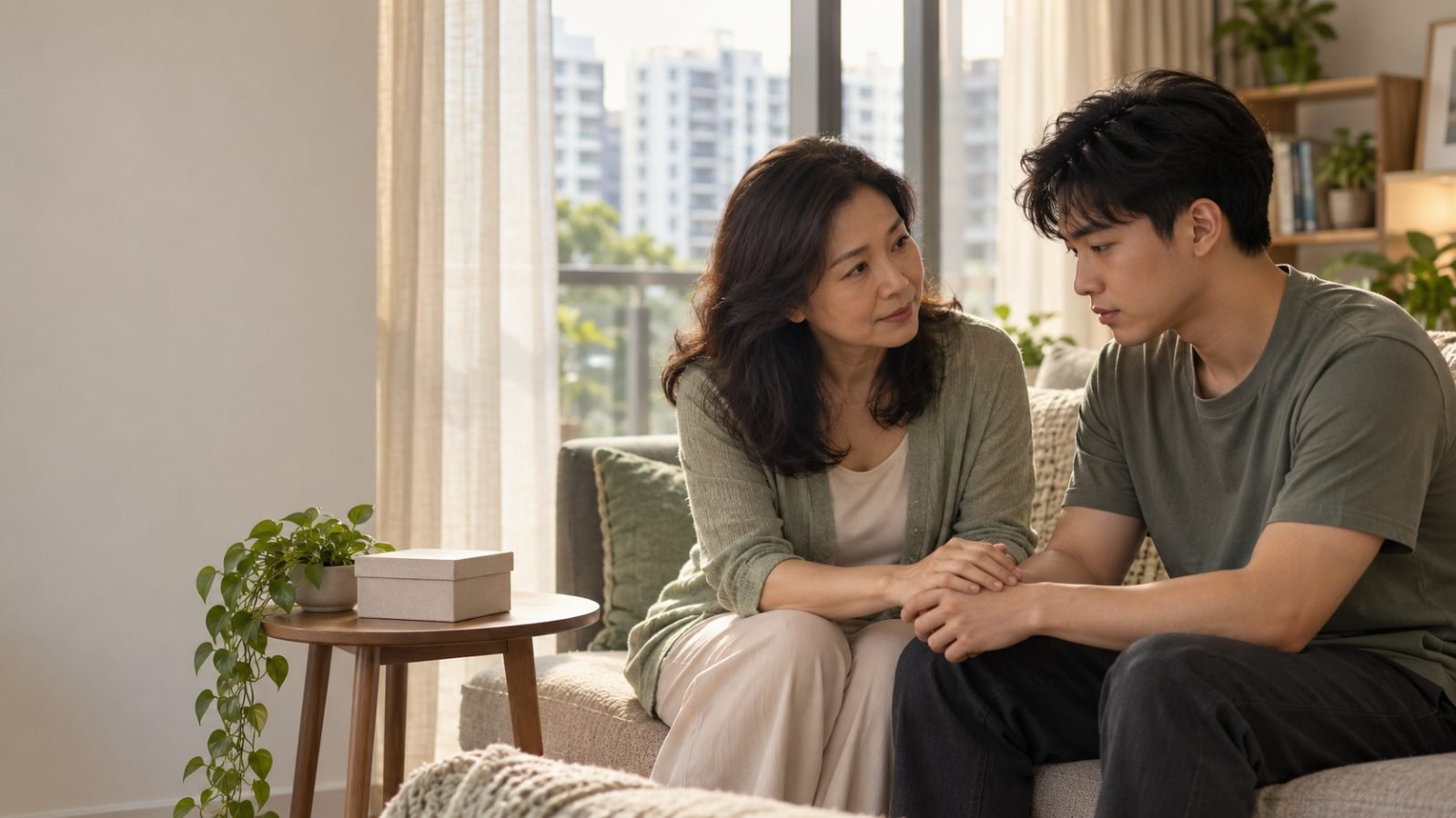 A mother gently holds her young adult son’s hand as they share a difficult conversation at home. Her concerned, reassuring expression and his thoughtful gaze reflect the first steps towards openness,