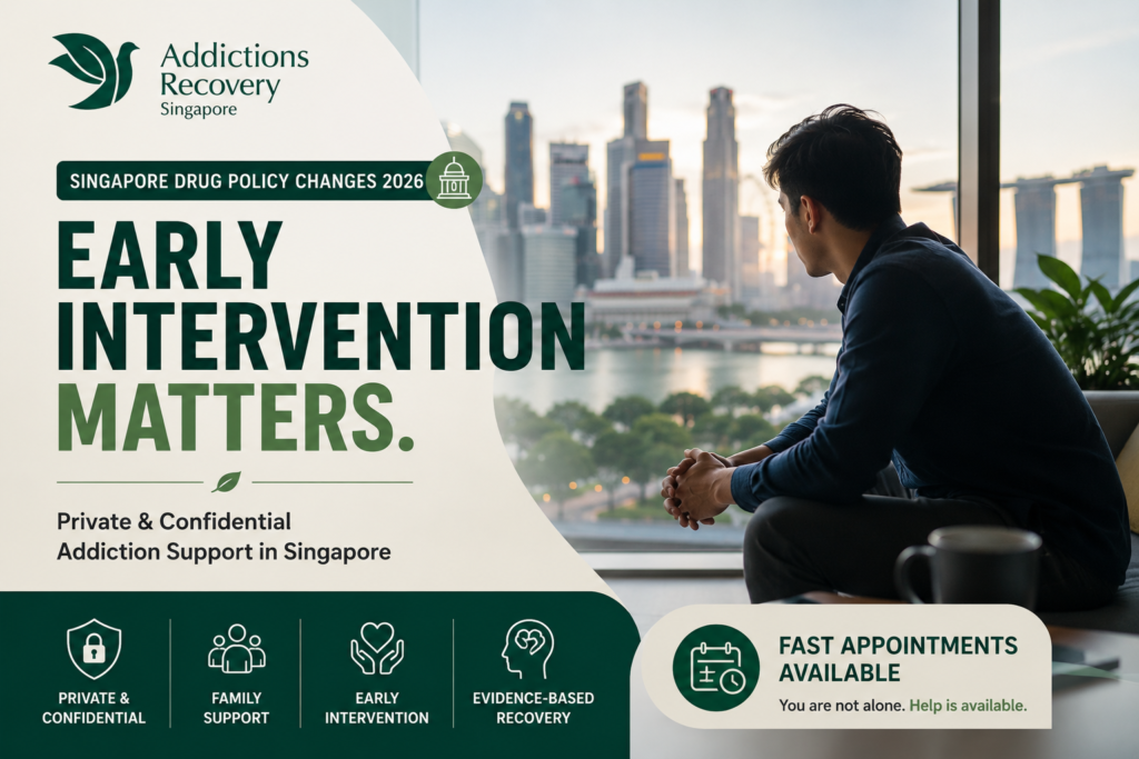 Professional featured image for Addictions Recovery Singapore highlighting early intervention, confidential addiction counselling, youth support, family guidance, and evidence-based recovery services in Singapore.