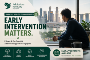 Professional featured image for Addictions Recovery Singapore highlighting early intervention, confidential addiction counselling, youth support, family guidance, and evidence-based recovery services in Singapore.