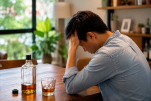 A young man sits alone at a wooden table in a bright, modern home, resting his head in his hand as he stares down in quiet distress. A bottle of whisky and a glass sit in front of him, symbolising the burden of alcohol addiction. Warm natural sunlight streams through large windows, while green indoor plants and a welcoming living space in the background create a hopeful contrast—suggesting that even in moments of struggle, recovery and a brighter future are possible.